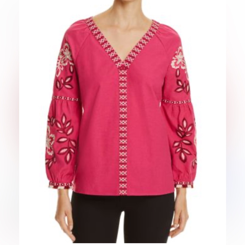 NWT Tory Burch Hibiscus Pink Therese Embroidered V-Neck Blouse
